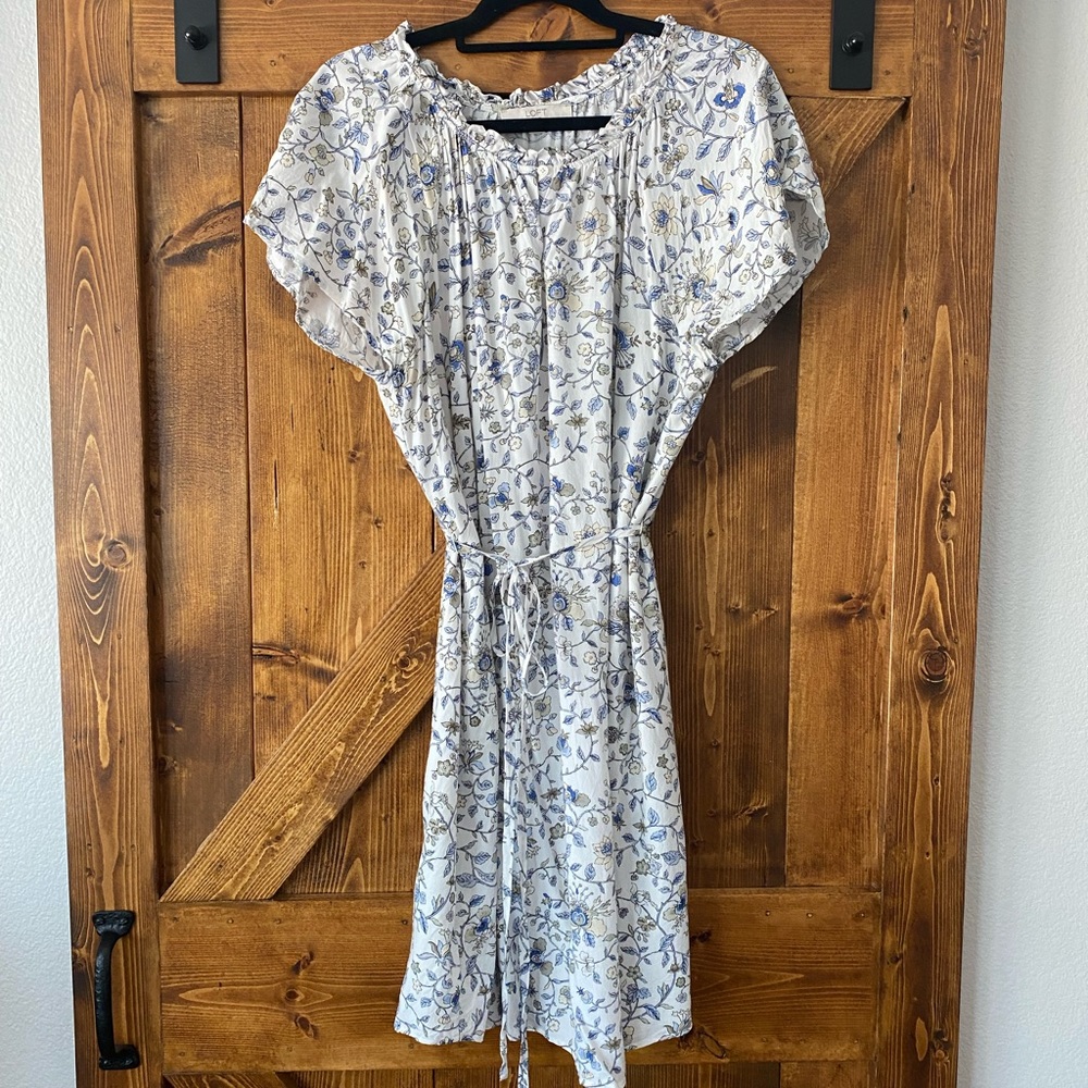 White loft plus dress with blue floral detail.